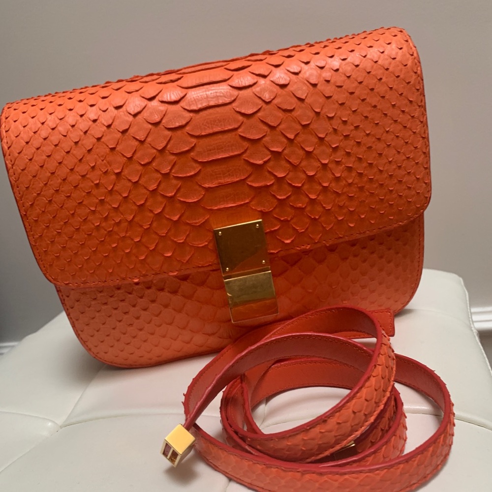 Authentic Celine box bag in bright orange python